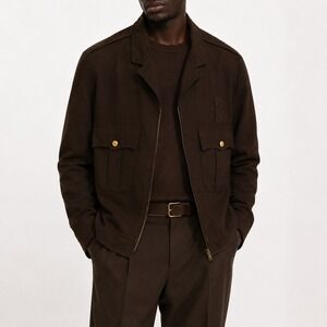 Vintage Military Zip Front Jacket Mens M Chocolate Brown Gold Shield Buttons USA